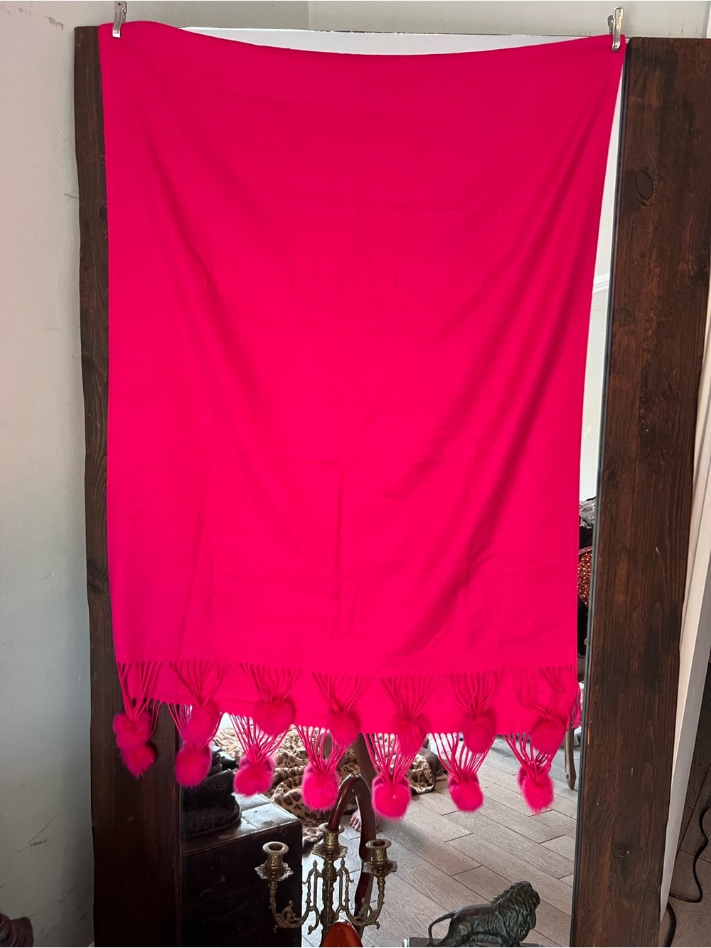 Cashmere Pink Real Fur Pom-Pom Fringe Scarf Wrap Bought and never wore it!